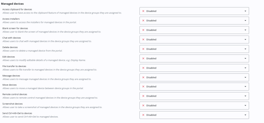 Managed devices permissions. It lists 12 permissions such as clipboard access, installer access, chat, delete, edit, file transfer, messaging, moving, remote control, screenshots and sending Ctrl+Alt+Del. All permissions are currently set to Disabled, shown by red "X" icons and drop-downs.